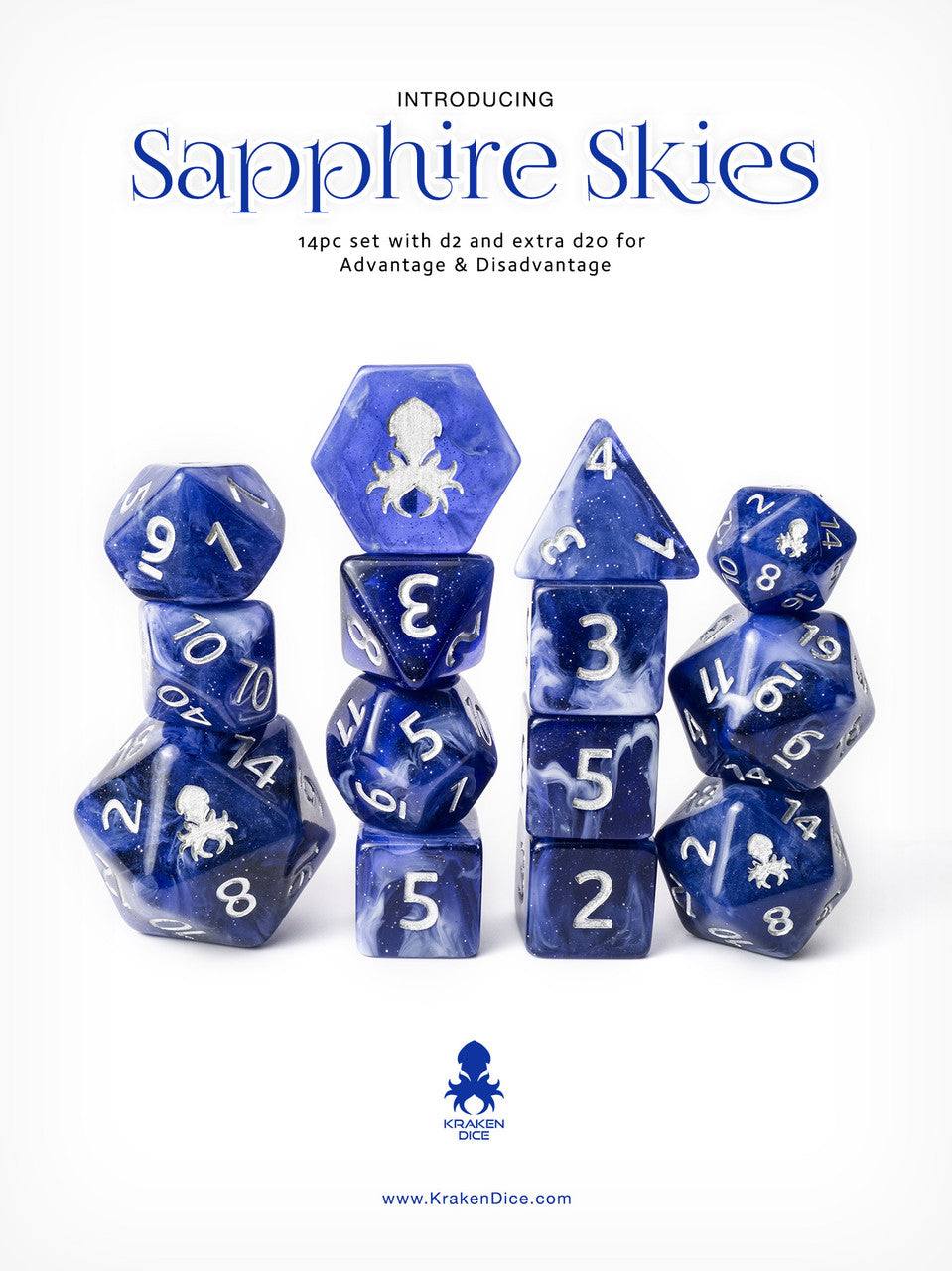 Sapphire Skies 14pc Dice Set Inked in Silver